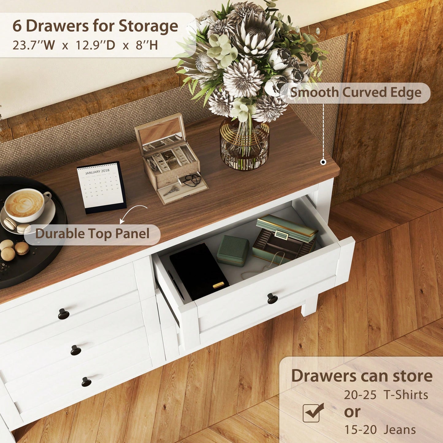 Charming Retro Farmhouse Wooden Dresser With 6 Drawers - Stylish Bedroom Storage Cabinet In White And Brown