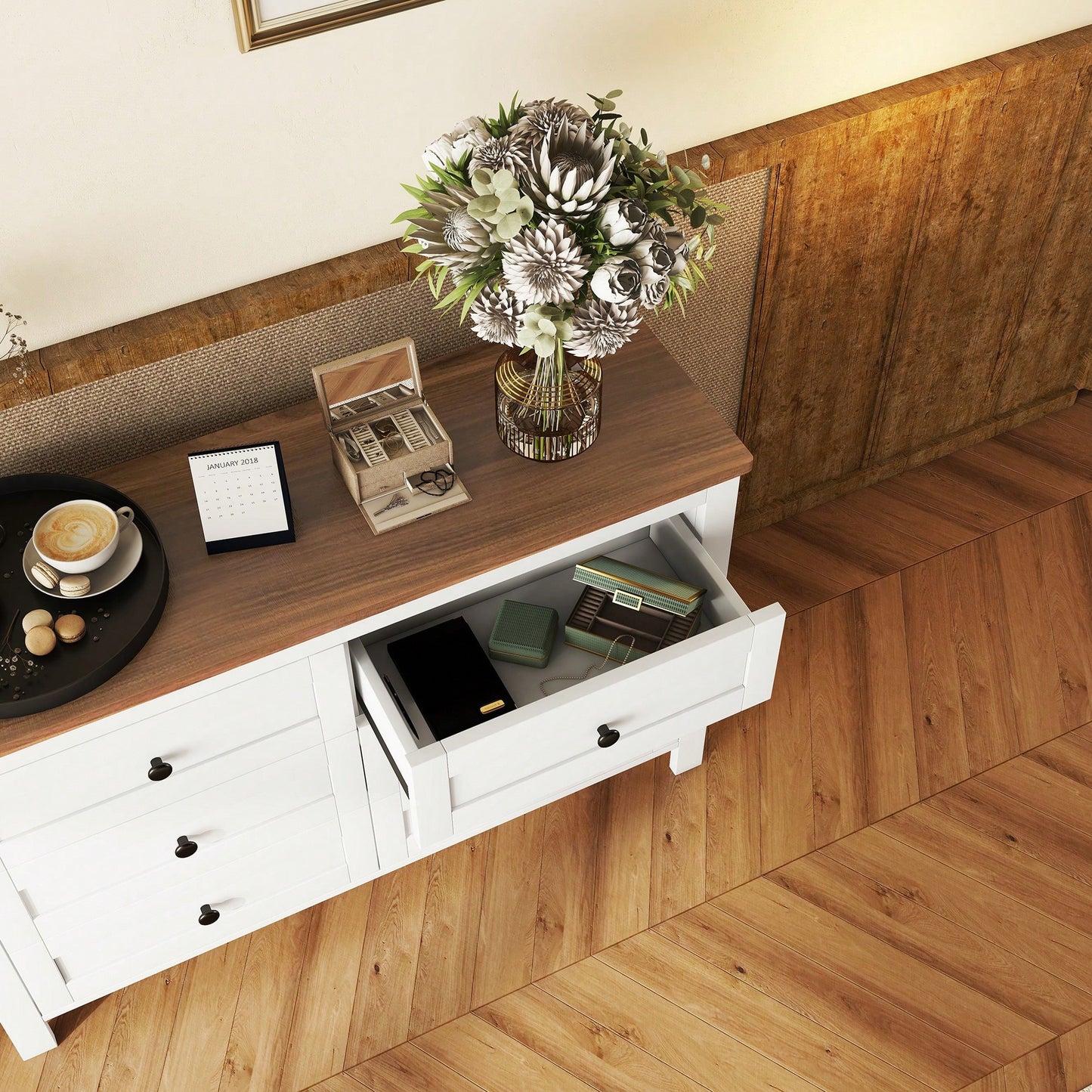 Charming Retro Farmhouse Wooden Dresser With 6 Drawers - Stylish Bedroom Storage Cabinet In White And Brown