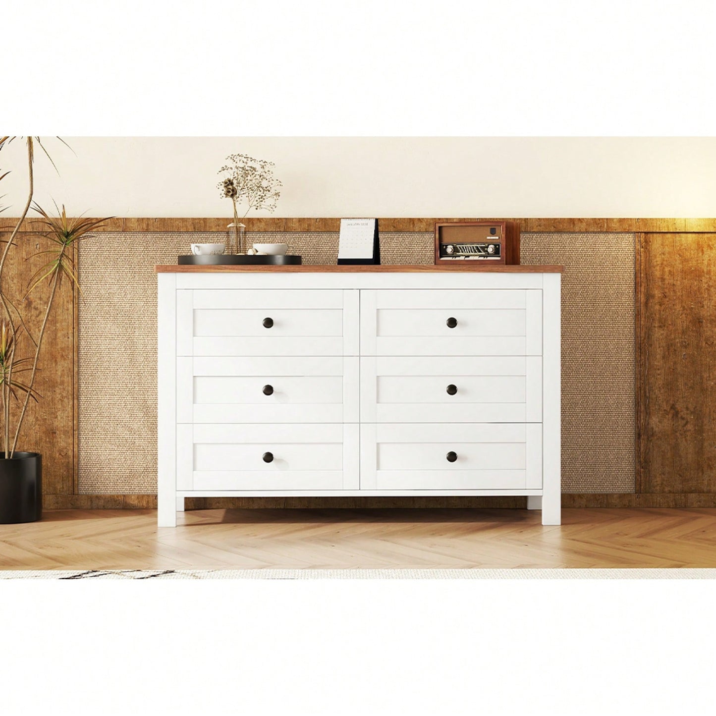 Charming Retro Farmhouse Wooden Dresser With 6 Drawers - Stylish Bedroom Storage Cabinet In White And Brown