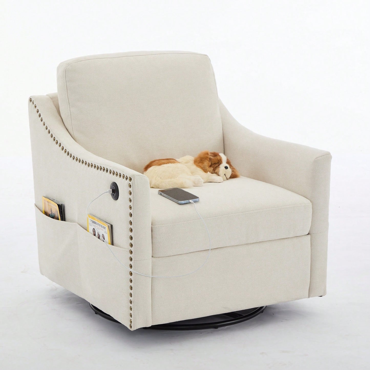 Stylish Cream White Fabric Swivel Accent Chair With USB Port And Magazine Holder For Living Room Or Hotel Bedroom