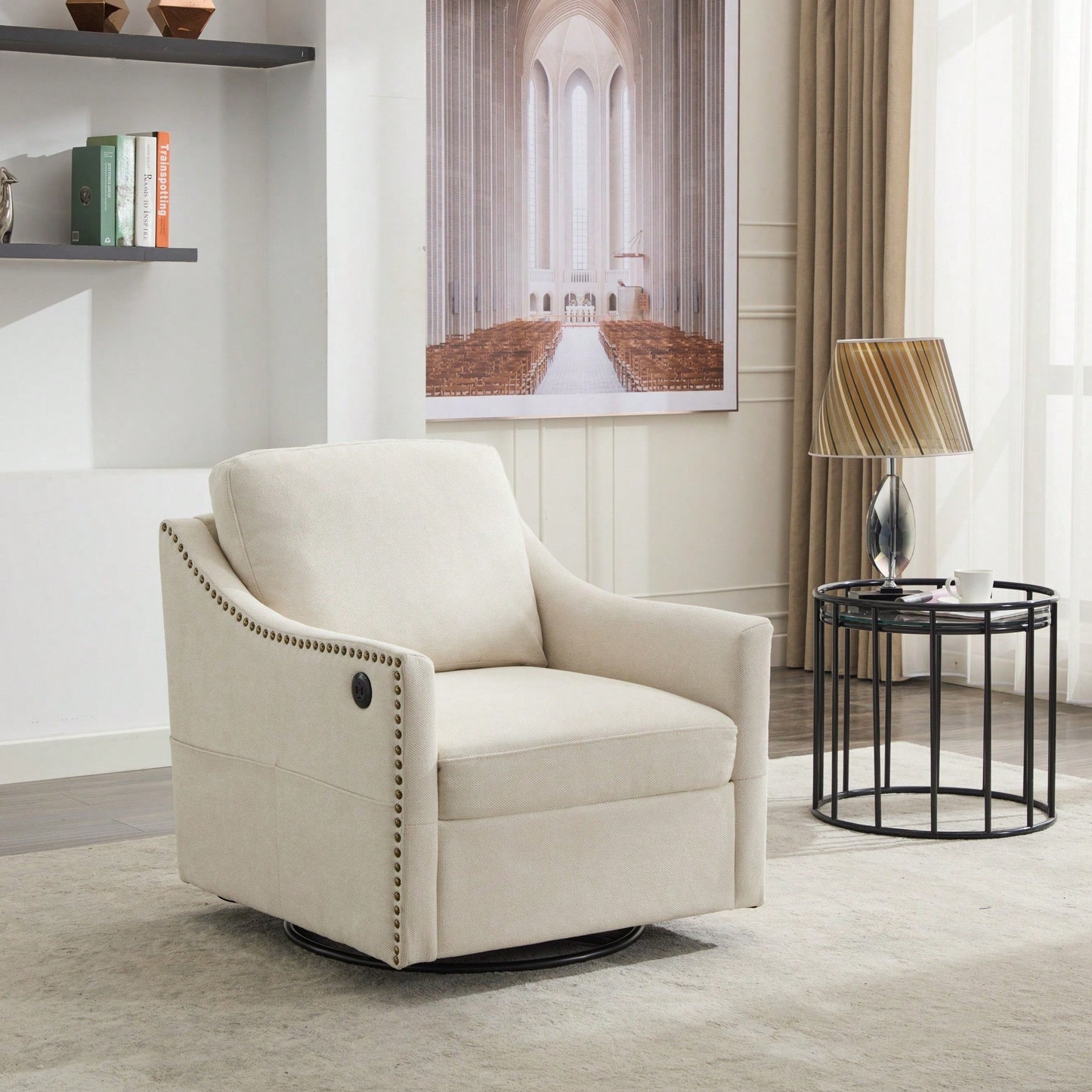 Stylish Cream White Fabric Swivel Accent Chair With USB Port And Magazine Holder For Living Room Or Hotel Bedroom