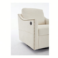 Stylish Cream White Fabric Swivel Accent Chair With USB Port And Magazine Holder For Living Room Or Hotel Bedroom