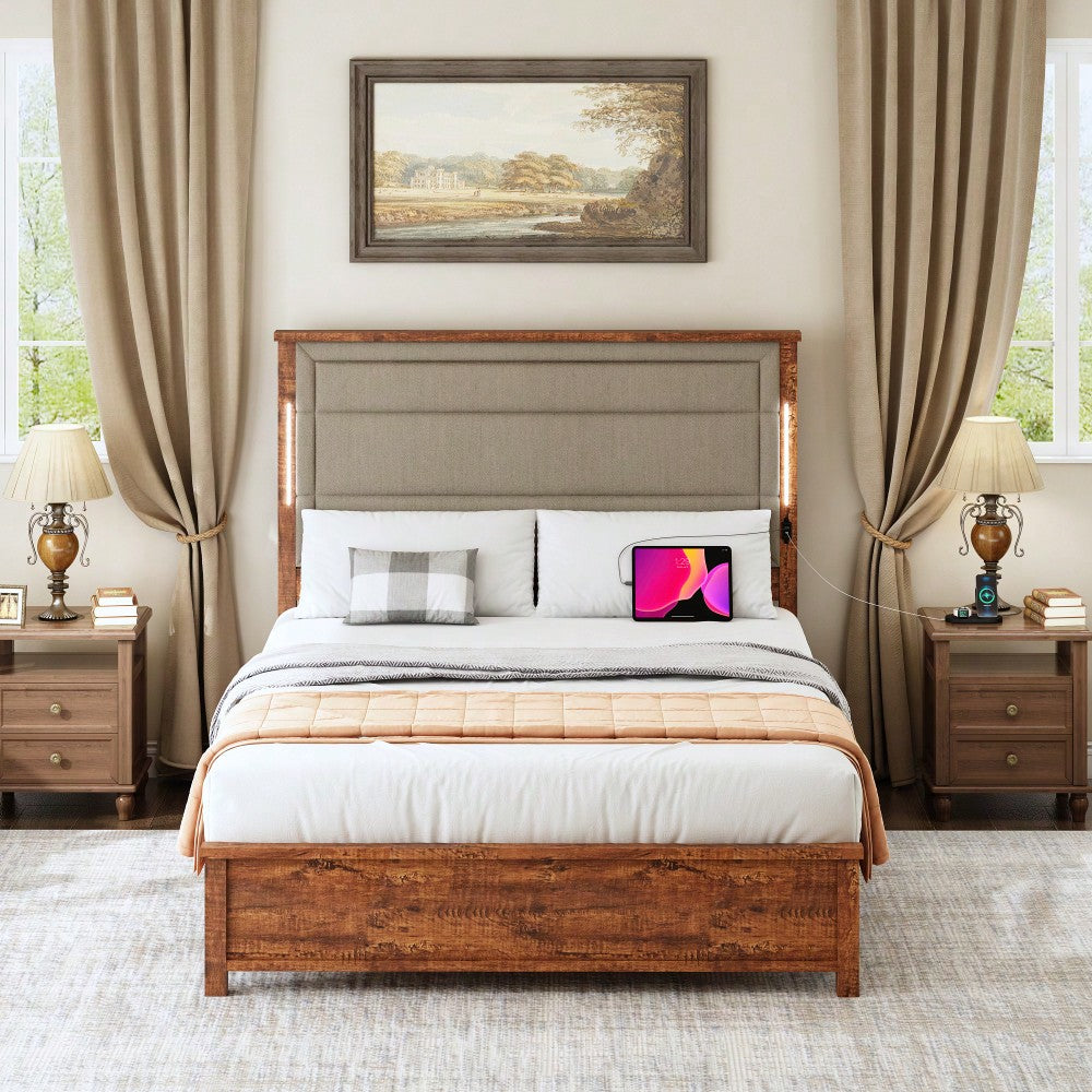 Modern Queen Size Upholstered Bed Frame with Charging Station LED Lights Dark Gray Linen Wood Slats No Box Spring Needed Easy Assembly
