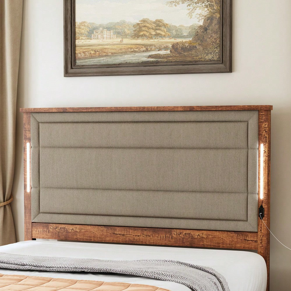 Modern Queen Size Upholstered Bed Frame with Charging Station LED Lights Dark Gray Linen Wood Slats No Box Spring Needed Easy Assembly