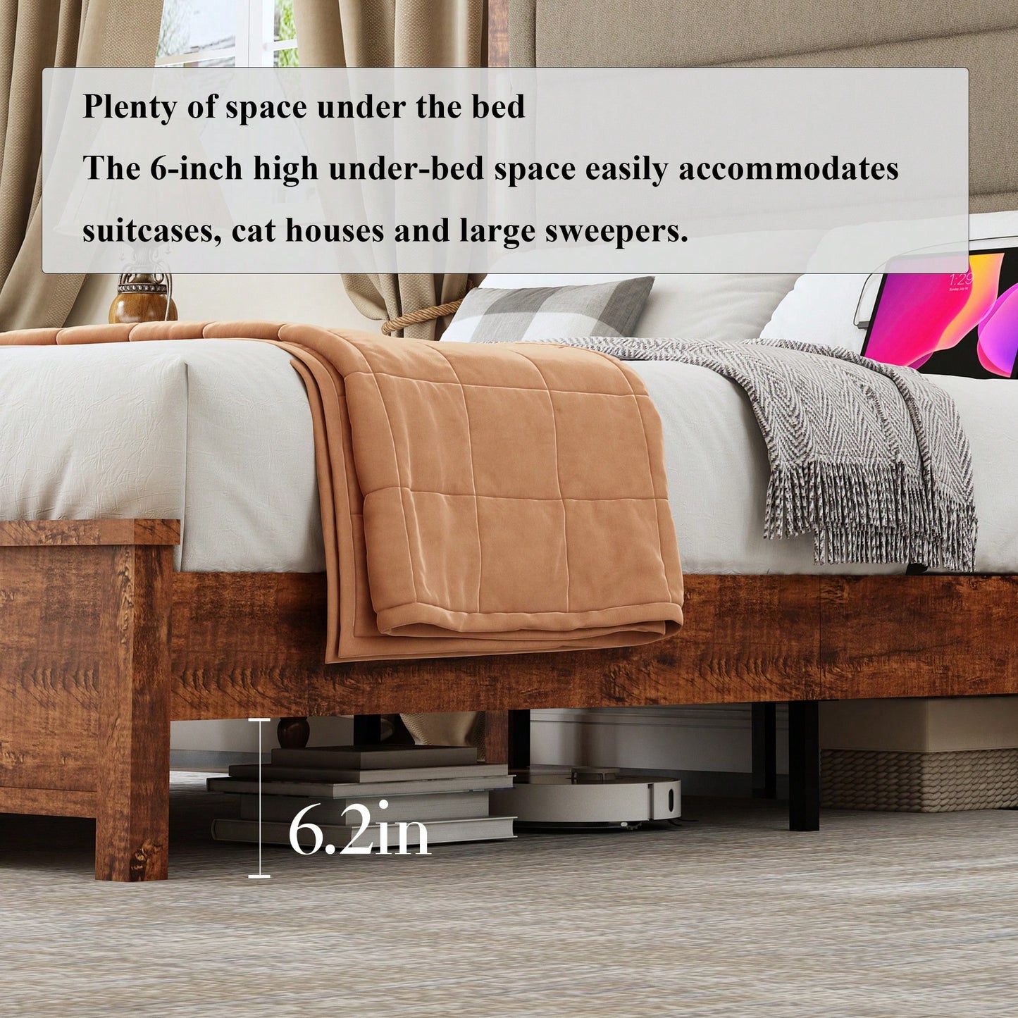 Modern Queen Size Upholstered Bed Frame with Charging Station LED Lights Dark Gray Linen Wood Slats No Box Spring Needed Easy Assembly