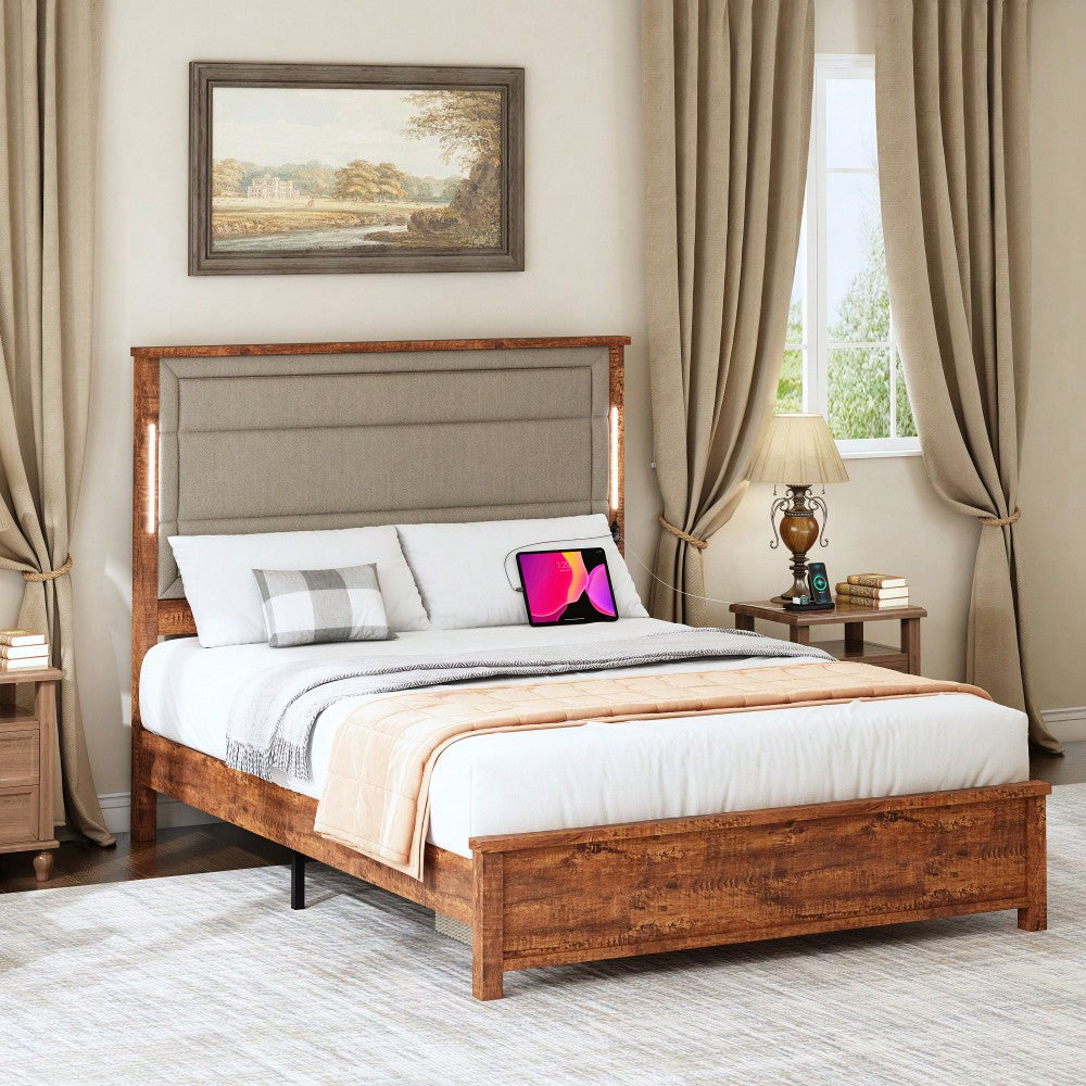 Modern Queen Size Upholstered Bed Frame with Charging Station LED Lights Dark Gray Linen Wood Slats No Box Spring Needed Easy Assembly