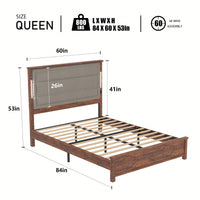Modern Queen Size Upholstered Bed Frame with Charging Station LED Lights Dark Gray Linen Wood Slats No Box Spring Needed Easy Assembly