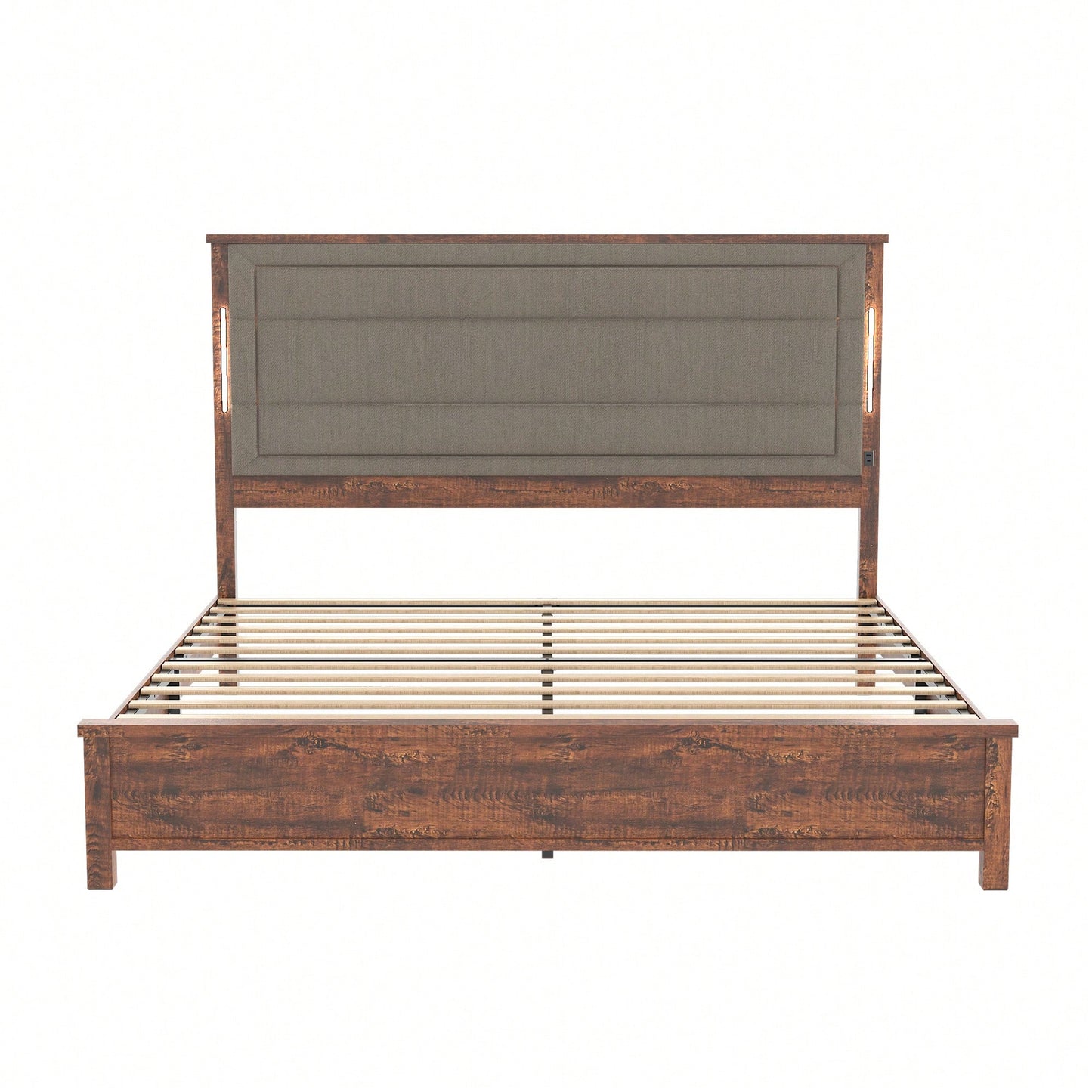 Modern Queen Size Upholstered Bed Frame with Charging Station LED Lights Dark Gray Linen Wood Slats No Box Spring Needed Easy Assembly