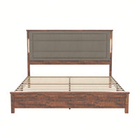Modern Queen Size Upholstered Bed Frame with Charging Station LED Lights Dark Gray Linen Wood Slats No Box Spring Needed Easy Assembly