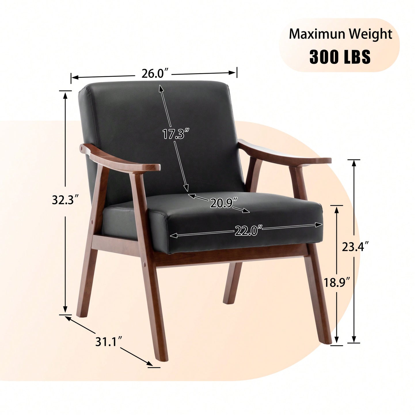 Elegant Mid-Century Modern Accent Chair With Solid Wood Frame And Extra-Thick Backrest For Living Room, Bedroom, Or Reading Nook