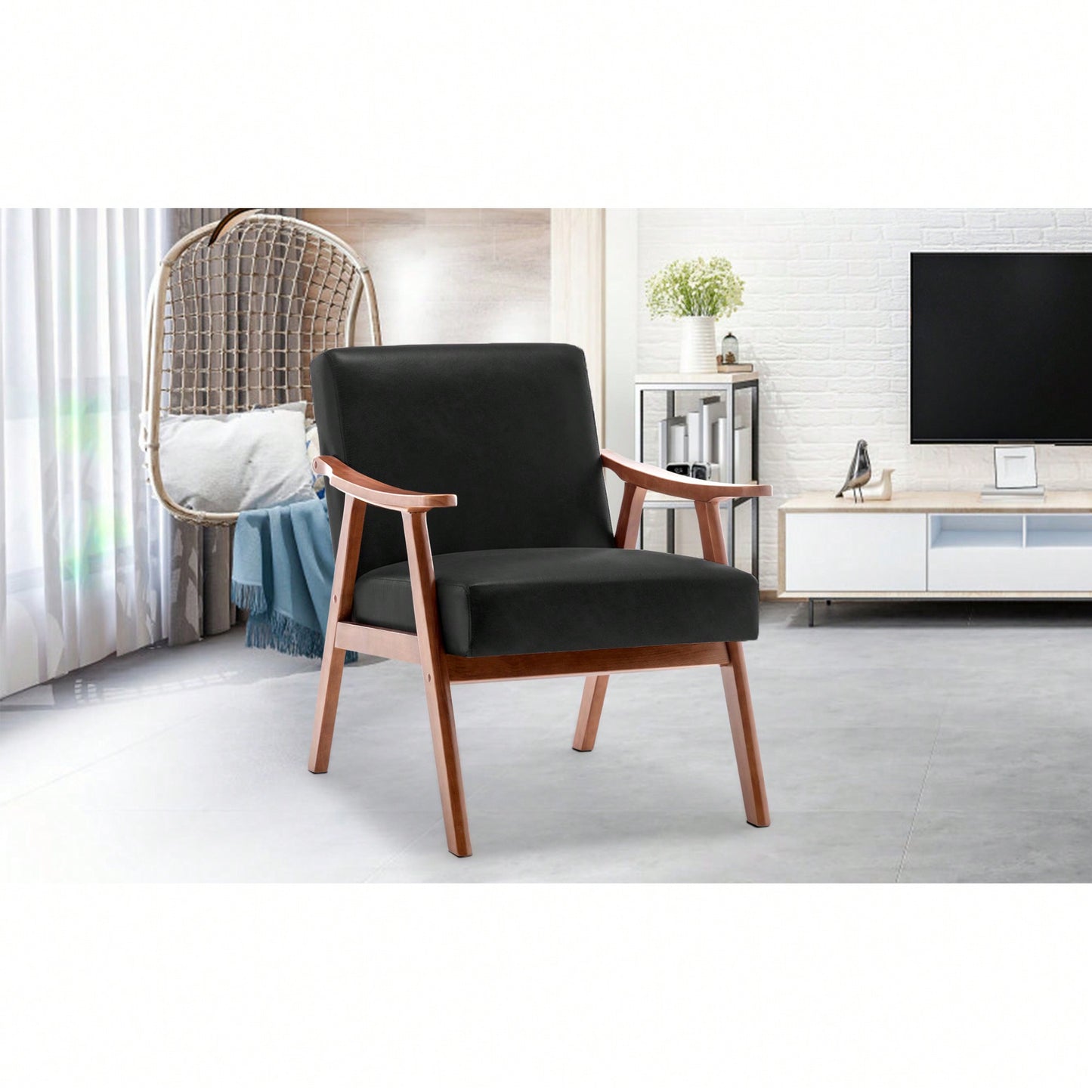 Elegant Mid-Century Modern Accent Chair With Solid Wood Frame And Extra-Thick Backrest For Living Room, Bedroom, Or Reading Nook