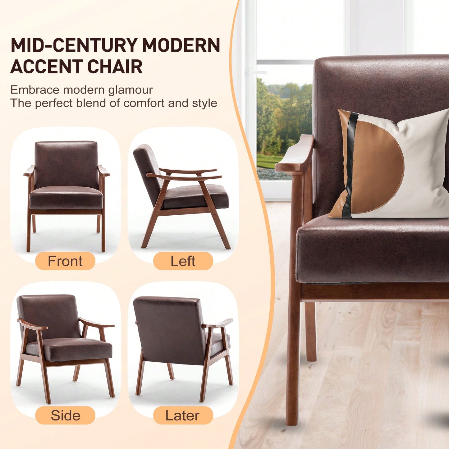 Elegant Mid-Century Modern Accent Chair With Solid Wood Frame And Extra-Thick Backrest For Living Room, Bedroom, Or Reading Nook