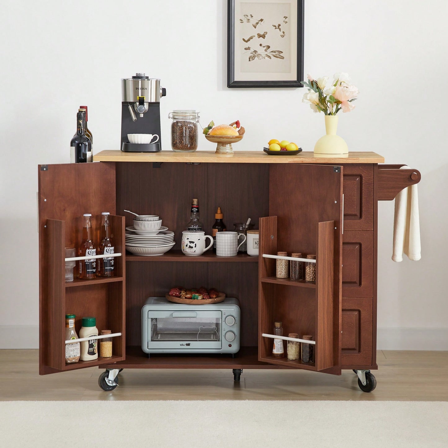 Versatile Rolling Kitchen Island With Drop Leaf Countertop, Storage Cabinet, And Tower Rack - White Finish