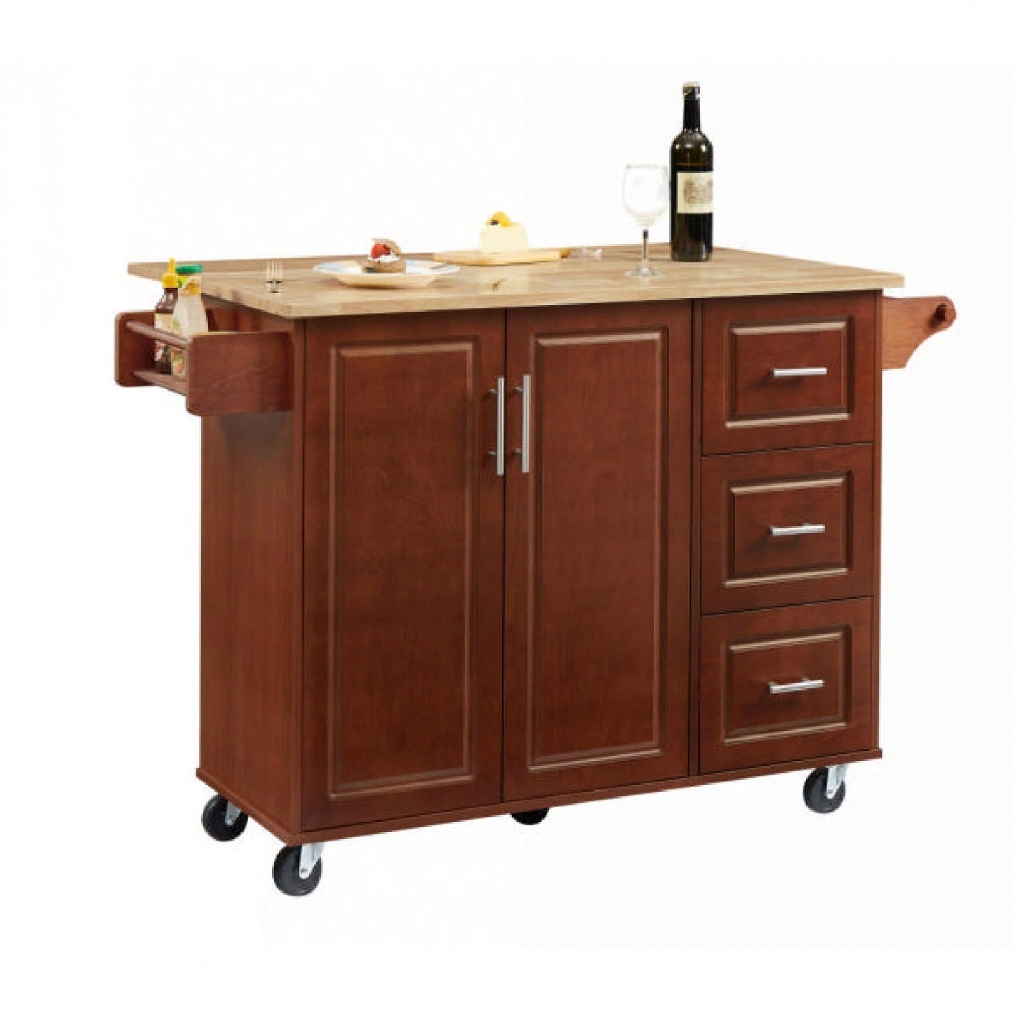 Versatile Rolling Kitchen Island With Drop Leaf Countertop, Storage Cabinet, And Tower Rack - White Finish