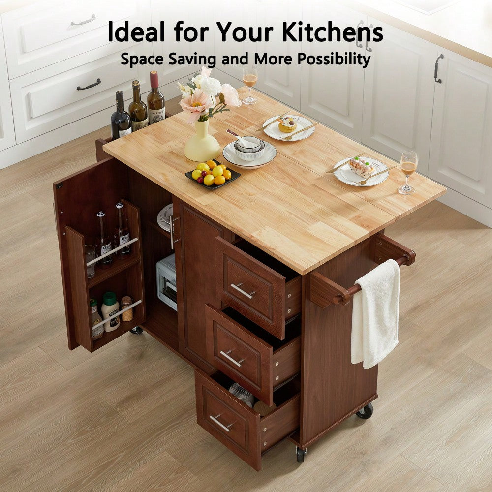 Versatile Rolling Kitchen Island With Drop Leaf Countertop, Storage Cabinet, And Tower Rack - White Finish