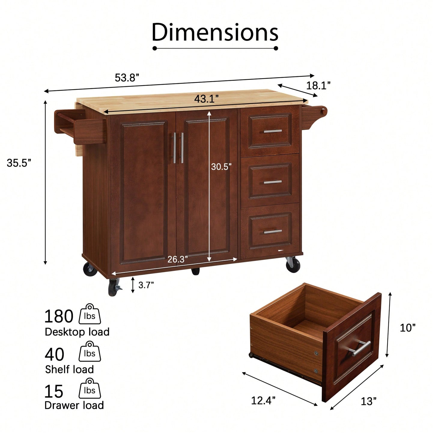 Versatile Rolling Kitchen Island With Drop Leaf Countertop, Storage Cabinet, And Tower Rack - White Finish