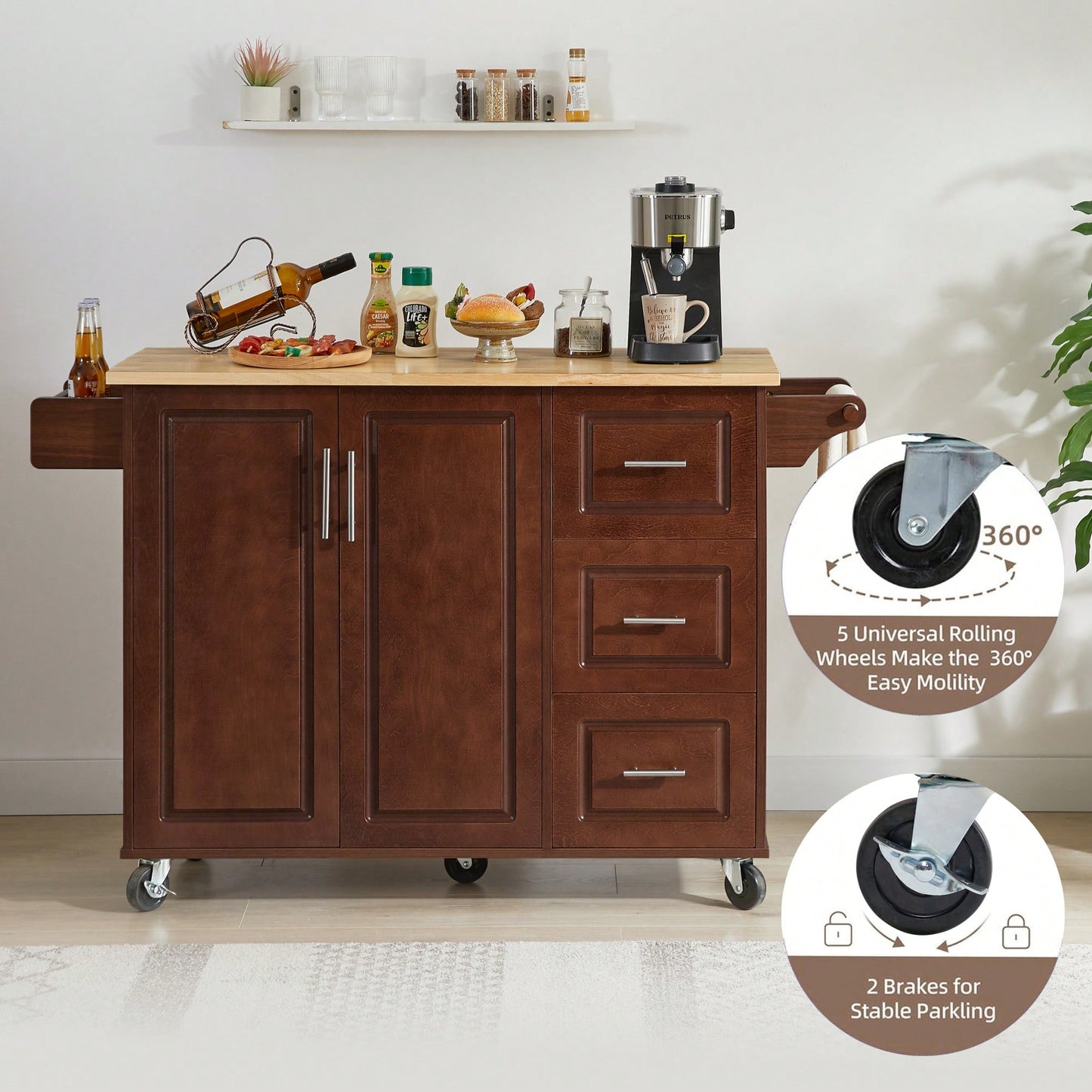 Versatile Rolling Kitchen Island With Drop Leaf Countertop, Storage Cabinet, And Tower Rack - White Finish