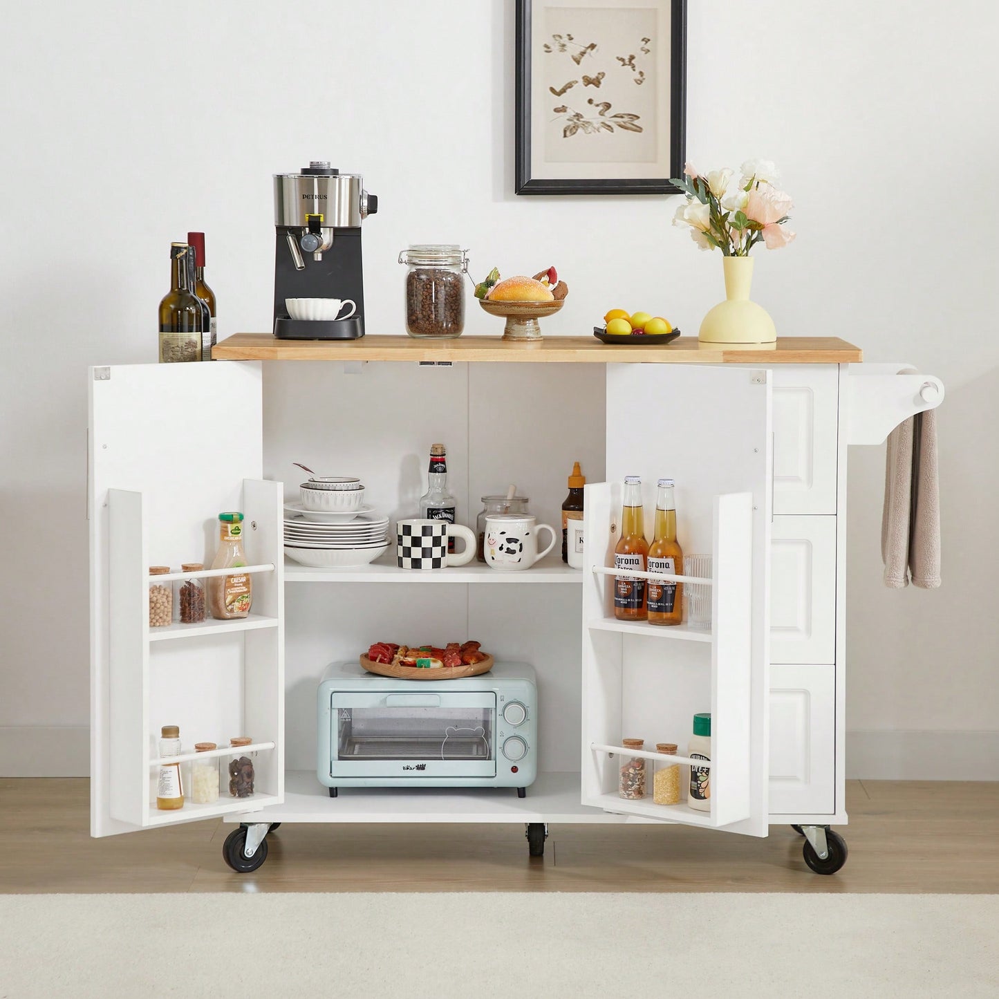 Versatile Rolling Kitchen Island With Drop Leaf Countertop, Storage Cabinet, And Tower Rack - White Finish