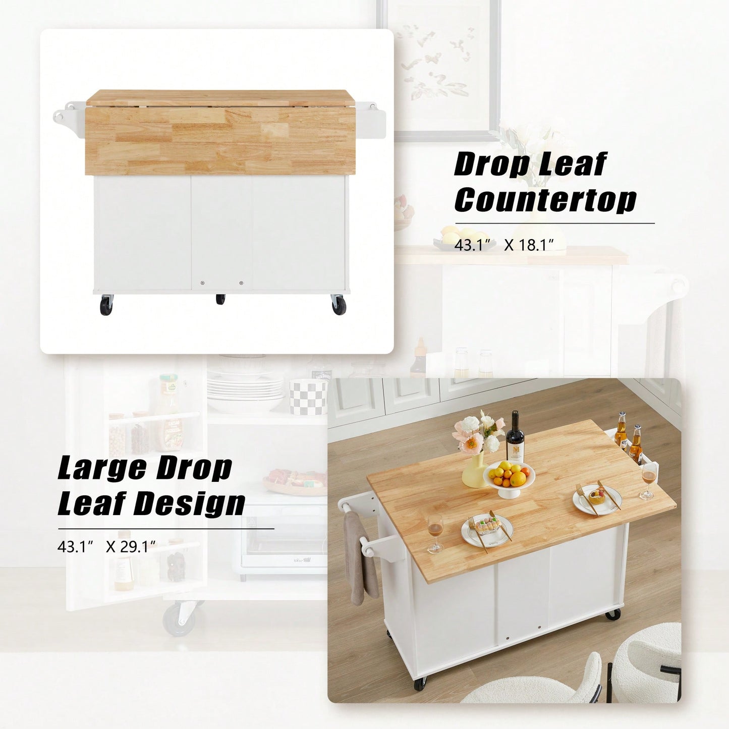 Versatile Rolling Kitchen Island With Drop Leaf Countertop, Storage Cabinet, And Tower Rack - White Finish