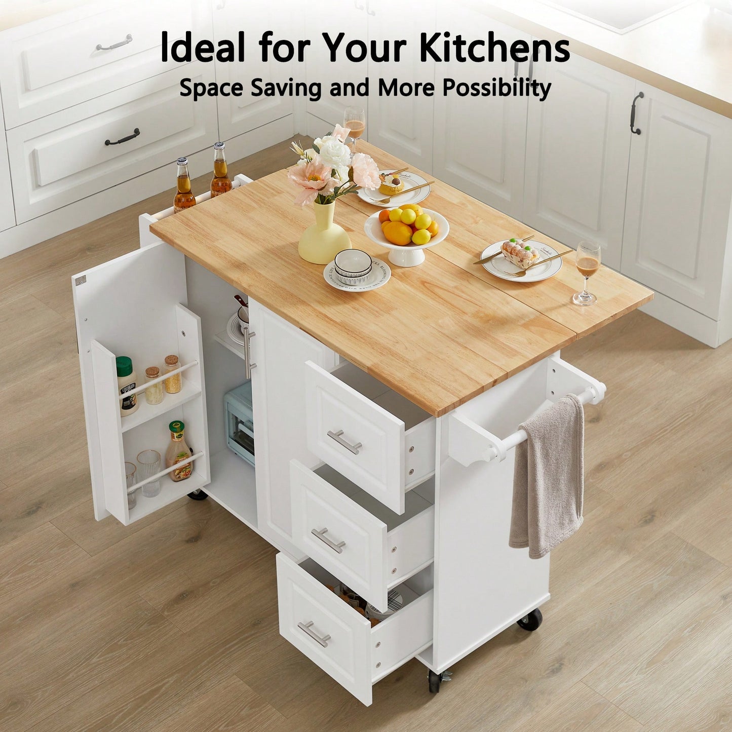 Versatile Rolling Kitchen Island With Drop Leaf Countertop, Storage Cabinet, And Tower Rack - White Finish