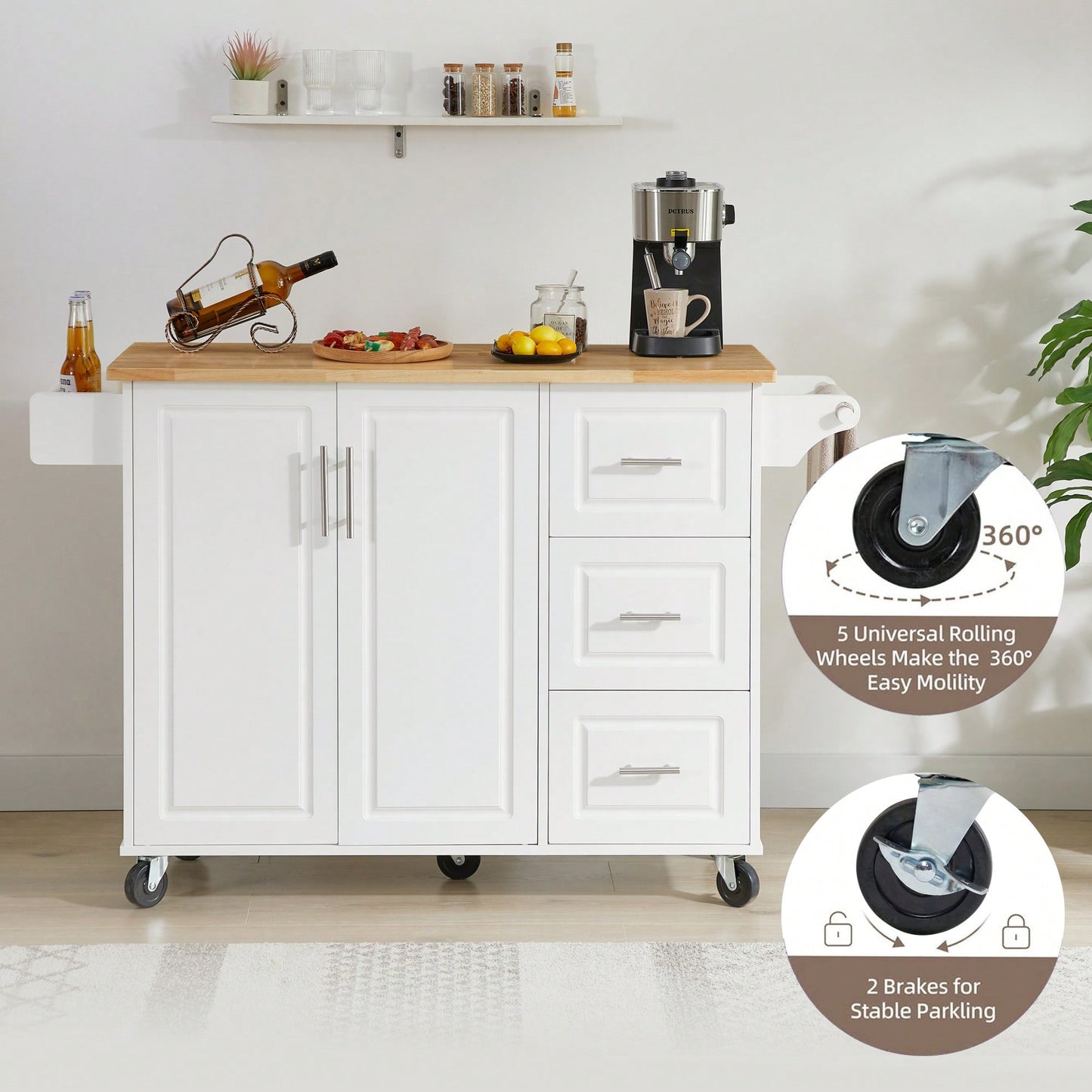 Versatile Rolling Kitchen Island With Drop Leaf Countertop, Storage Cabinet, And Tower Rack - White Finish