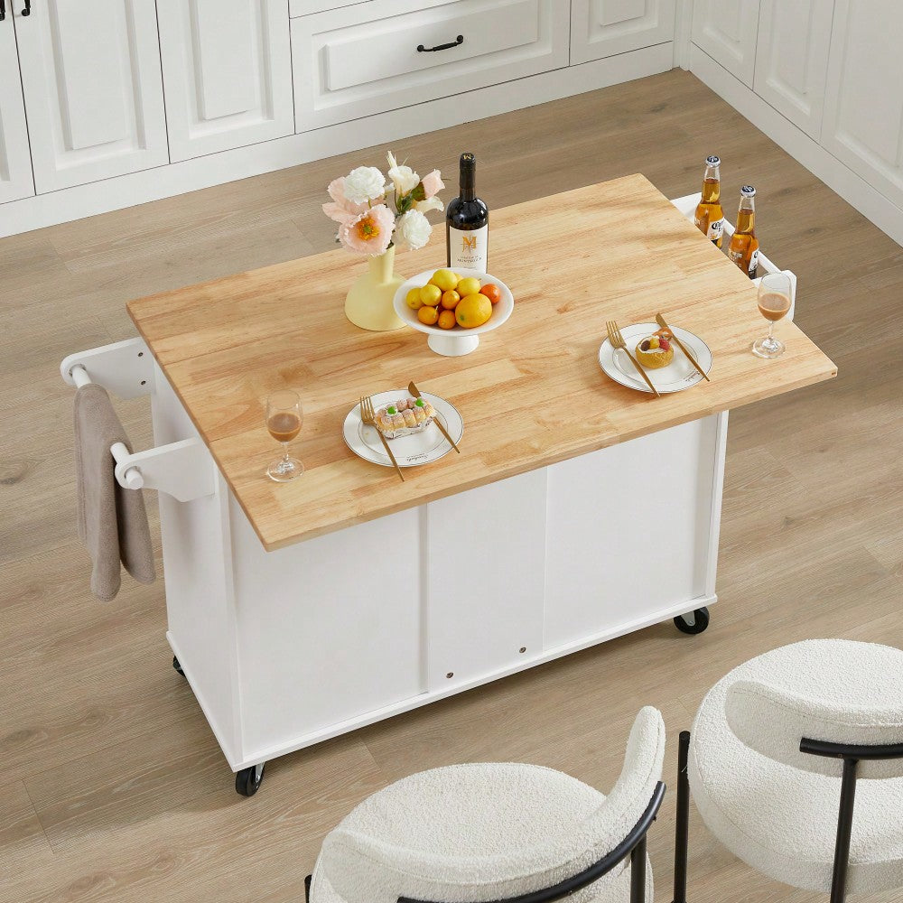 Versatile Rolling Kitchen Island With Drop Leaf Countertop, Storage Cabinet, And Tower Rack - White Finish