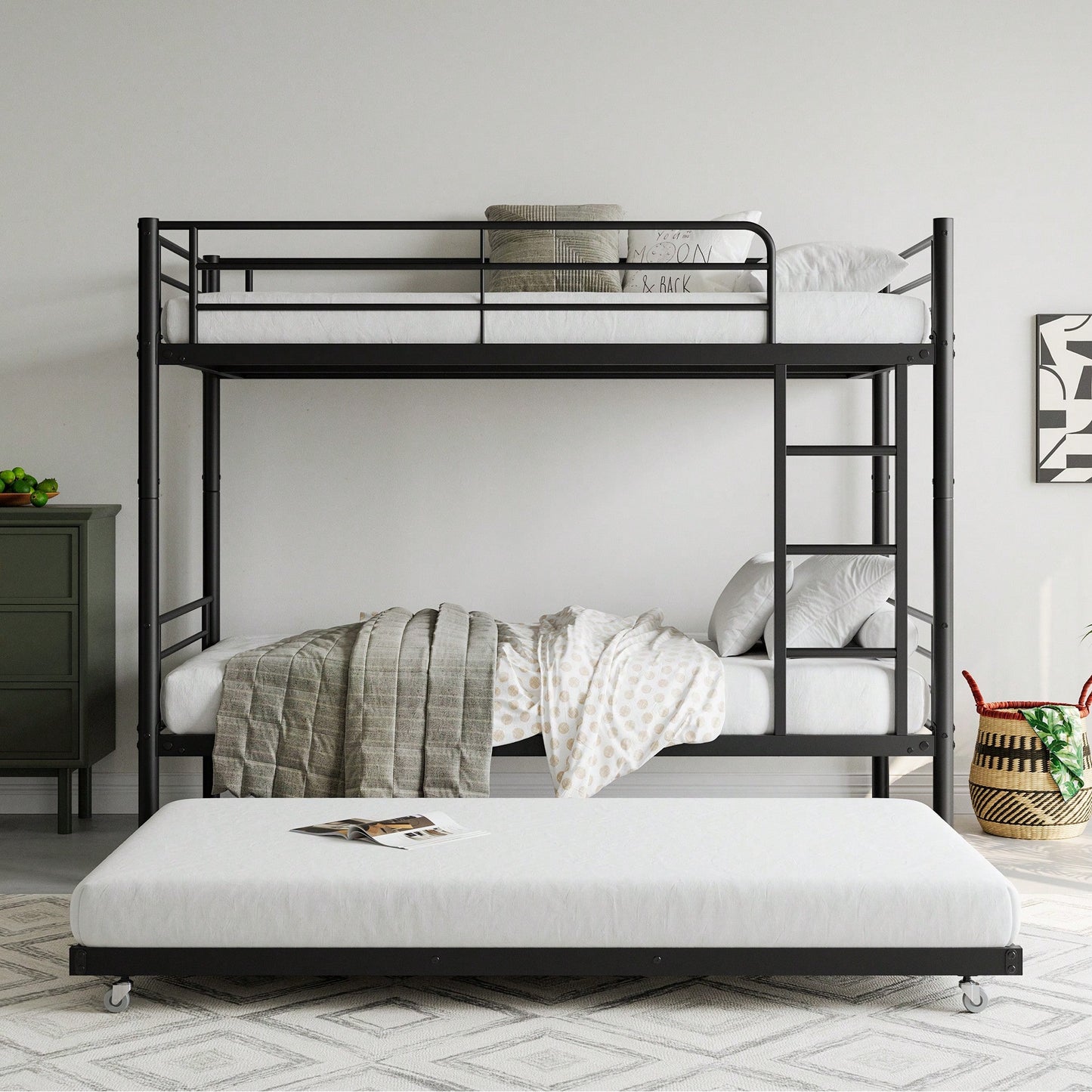 Stylish Metal Twin Bunk Bed with Trundle Ladder Full-Length Guardrail Noise-Free Design Black Finish No Box Spring Needed