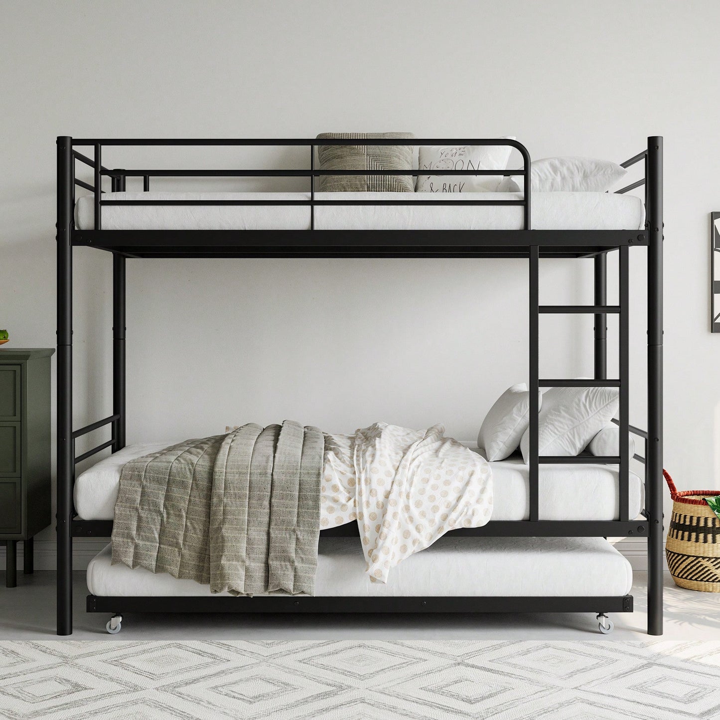 Stylish Metal Twin Bunk Bed with Trundle Ladder Full-Length Guardrail Noise-Free Design Black Finish No Box Spring Needed