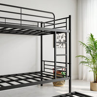 Stylish Metal Twin Bunk Bed with Trundle Ladder Full-Length Guardrail Noise-Free Design Black Finish No Box Spring Needed