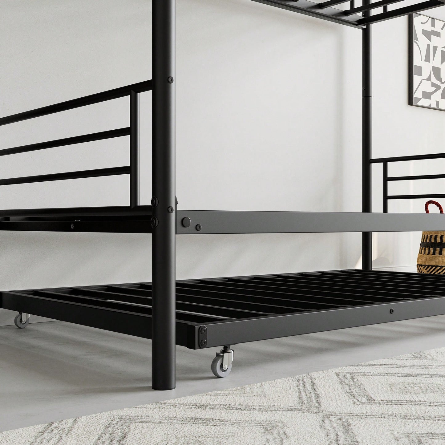 Stylish Metal Twin Bunk Bed with Trundle Ladder Full-Length Guardrail Noise-Free Design Black Finish No Box Spring Needed