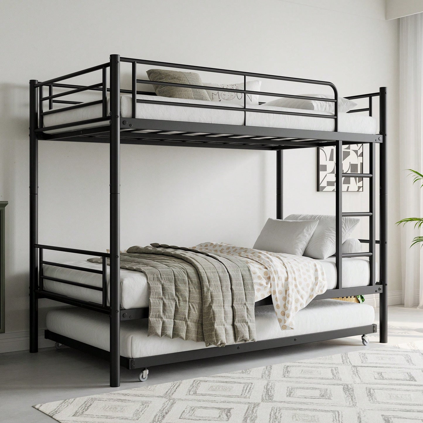 Stylish Metal Twin Bunk Bed with Trundle Ladder Full-Length Guardrail Noise-Free Design Black Finish No Box Spring Needed