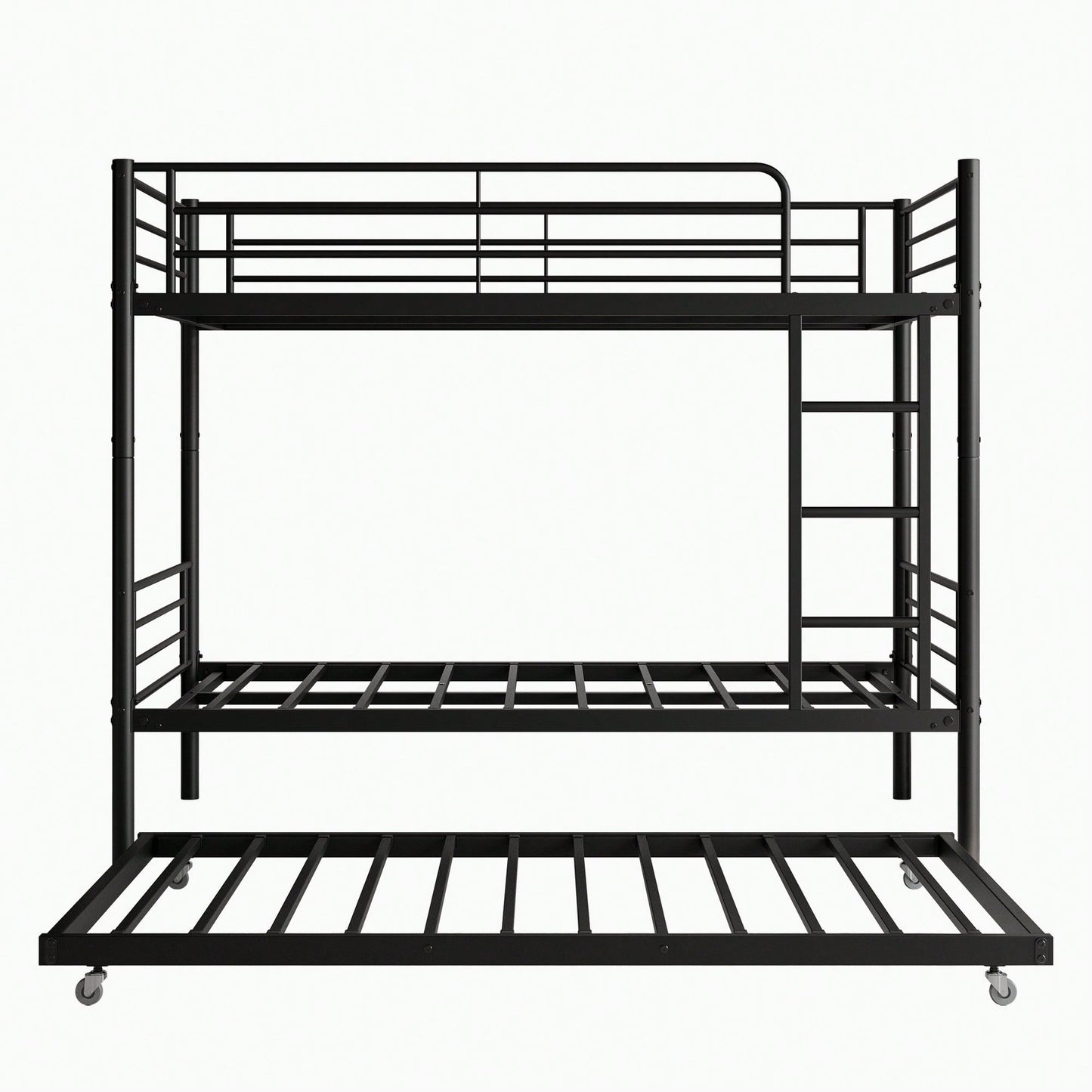 Stylish Metal Twin Bunk Bed with Trundle Ladder Full-Length Guardrail Noise-Free Design Black Finish No Box Spring Needed