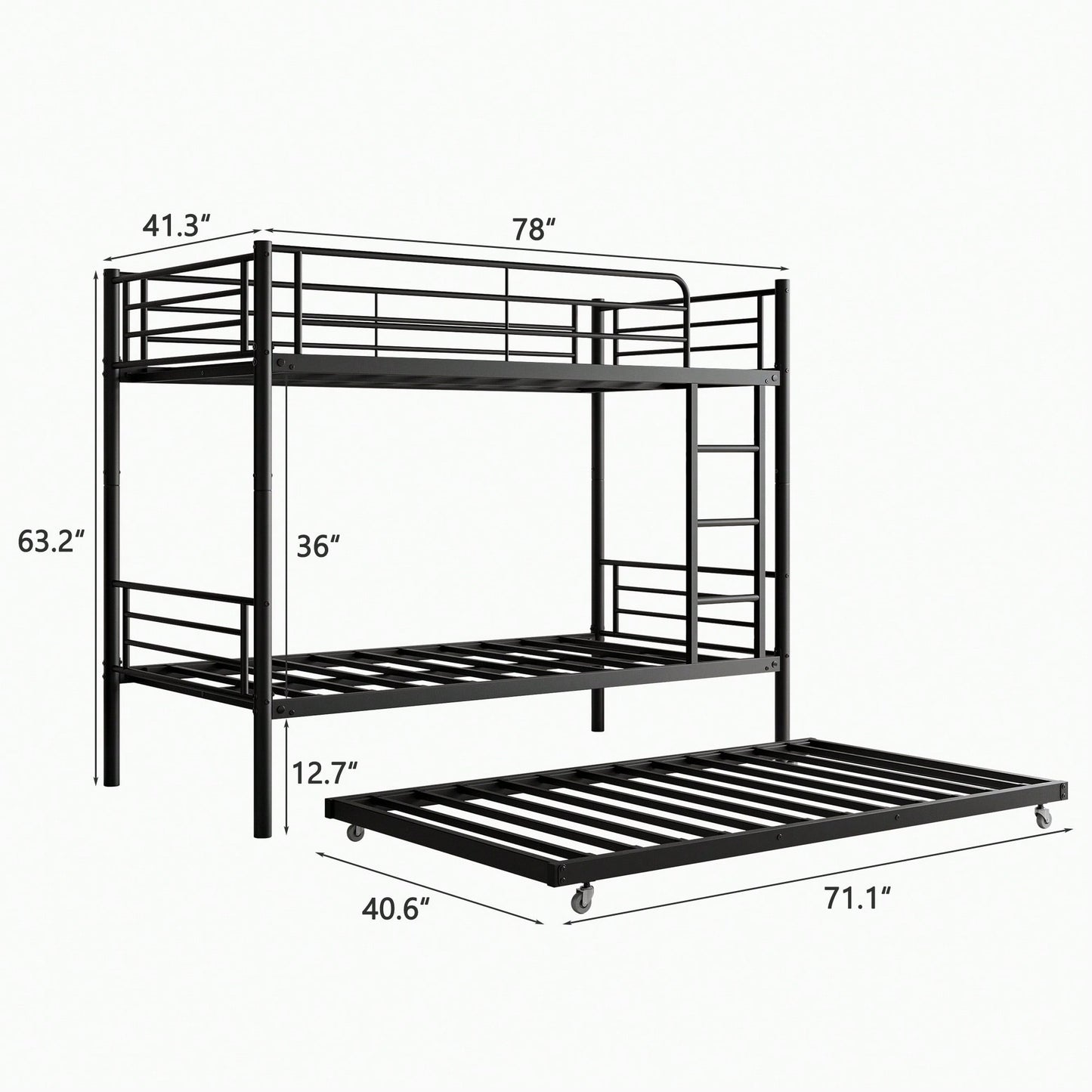 Stylish Metal Twin Bunk Bed with Trundle Ladder Full-Length Guardrail Noise-Free Design Black Finish No Box Spring Needed