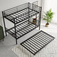 Stylish Metal Twin Bunk Bed with Trundle Ladder Full-Length Guardrail Noise-Free Design Black Finish No Box Spring Needed