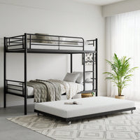 Stylish Metal Twin Bunk Bed with Trundle Ladder Full-Length Guardrail Noise-Free Design Black Finish No Box Spring Needed