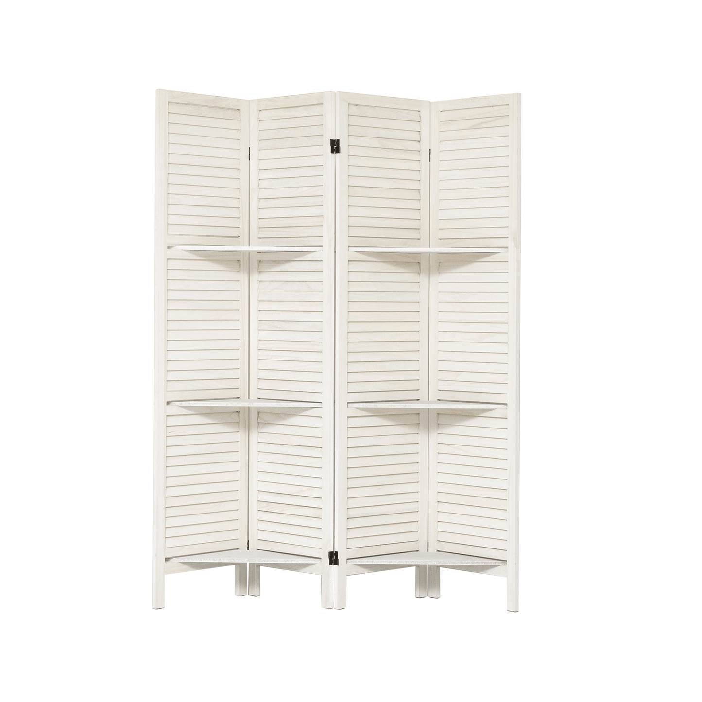 Versatile 4-Panel White Room Divider With Shelves - Portable Wooden Folding Privacy Screen For Bedroom, Home Office, And Studio Decor