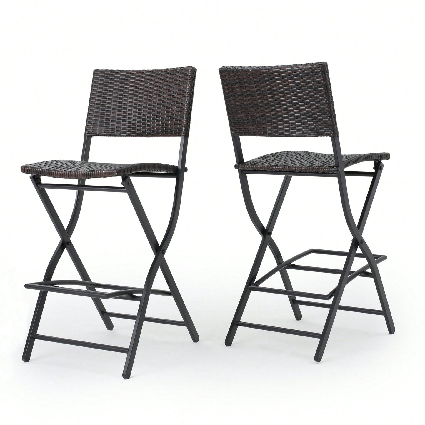 Set Of 2 Foldable Faux Rattan Patio Bar Stools - Stylish Outdoor Wicker Chairs In Multibrown