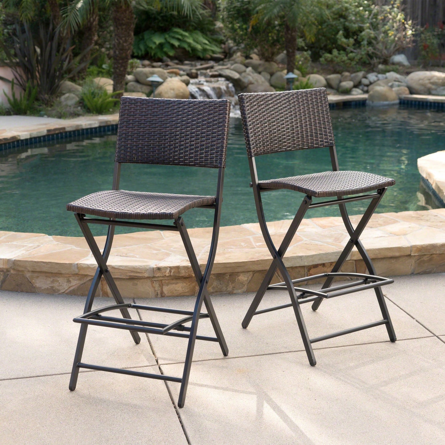 Set Of 2 Foldable Faux Rattan Patio Bar Stools - Stylish Outdoor Wicker Chairs In Multibrown