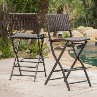 Set Of 2 Foldable Faux Rattan Patio Bar Stools - Stylish Outdoor Wicker Chairs In Multibrown