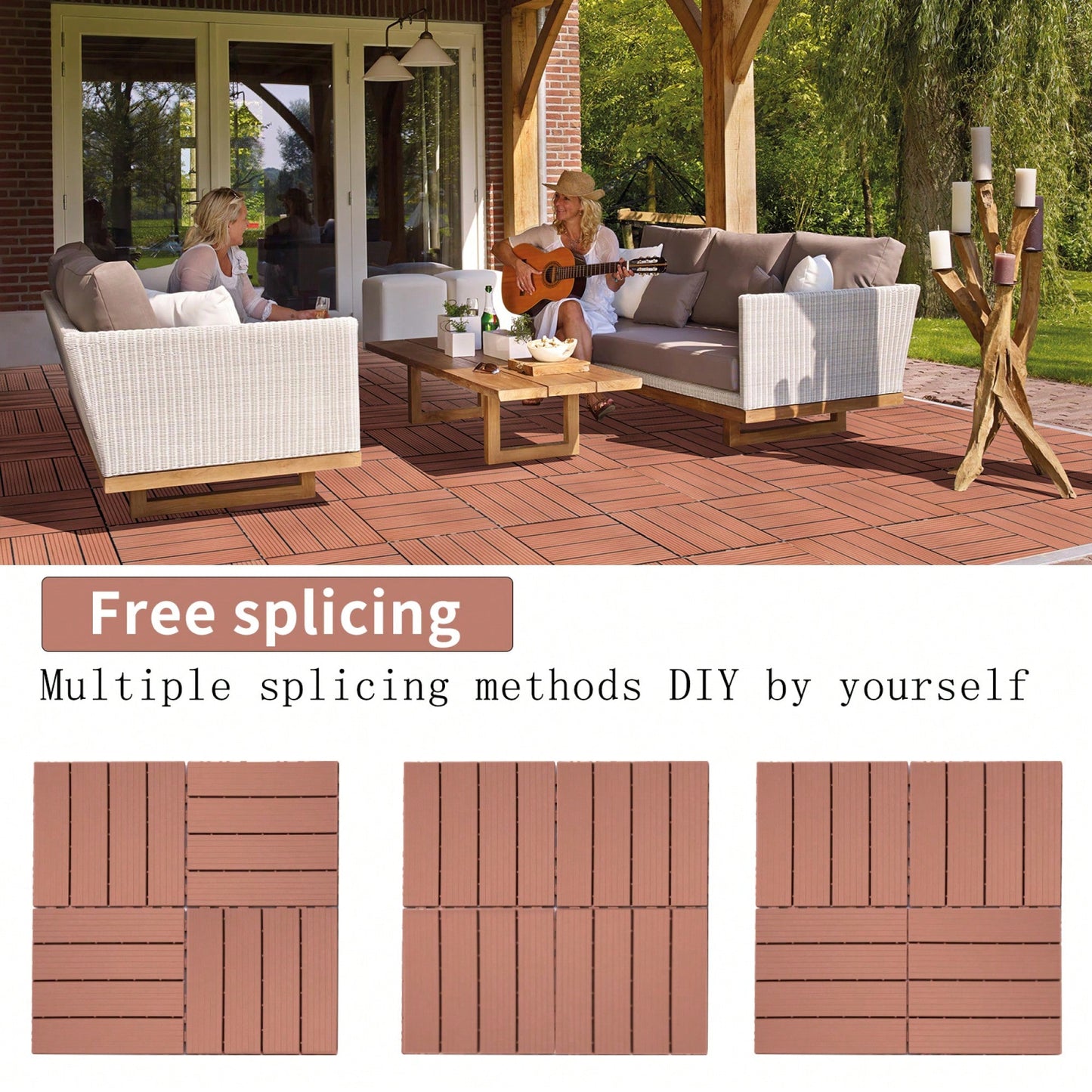 Interlocking Plastic Deck Tiles - 11.8"X11.8" (Pack Of 44) - Waterproof Outdoor Patio Flooring For Garden, Poolside & Yard In Mahogany Color