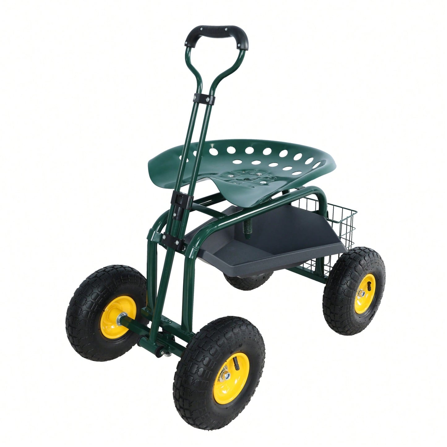 Garden Trolley Work Chair with 360° Swivel and Utility Tray for Easy Outdoor Mobility and Yard Work Green