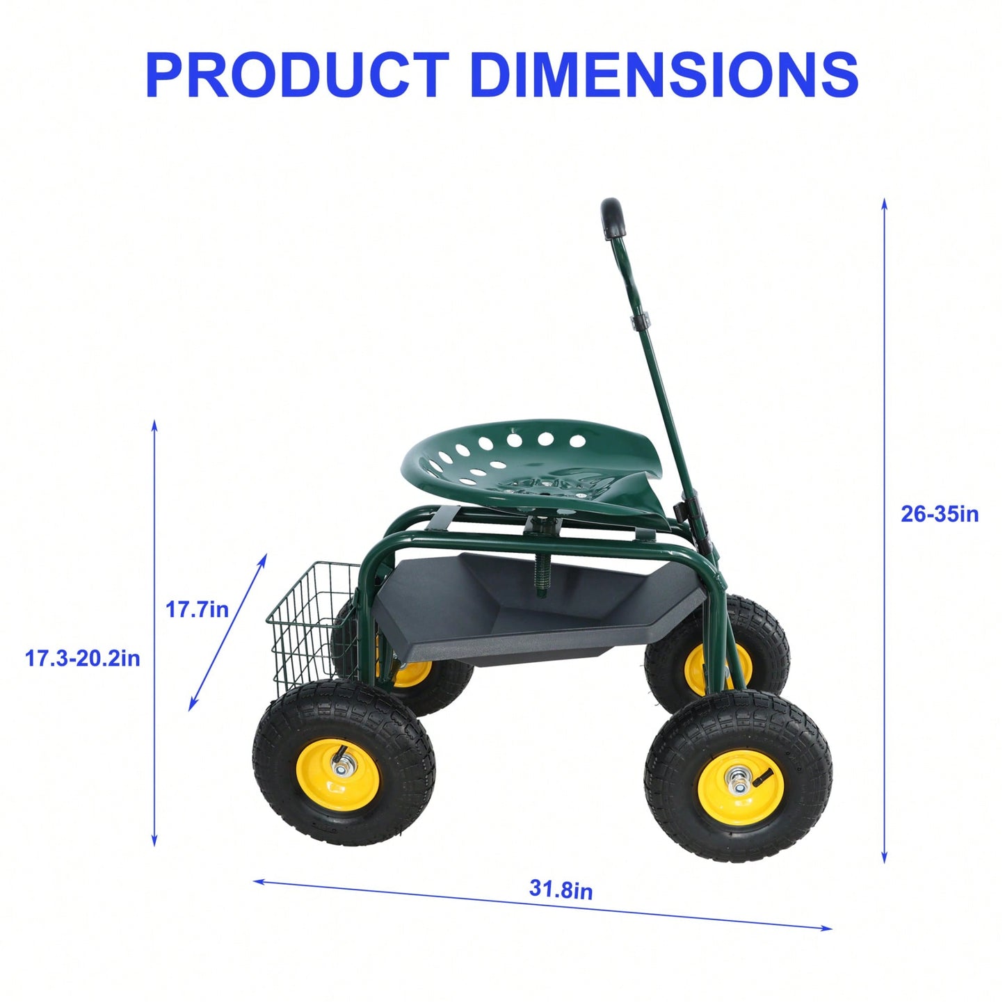 Garden Trolley Work Chair with 360° Swivel and Utility Tray for Easy Outdoor Mobility and Yard Work Green