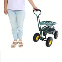 Garden Trolley Work Chair with 360° Swivel and Utility Tray for Easy Outdoor Mobility and Yard Work Green