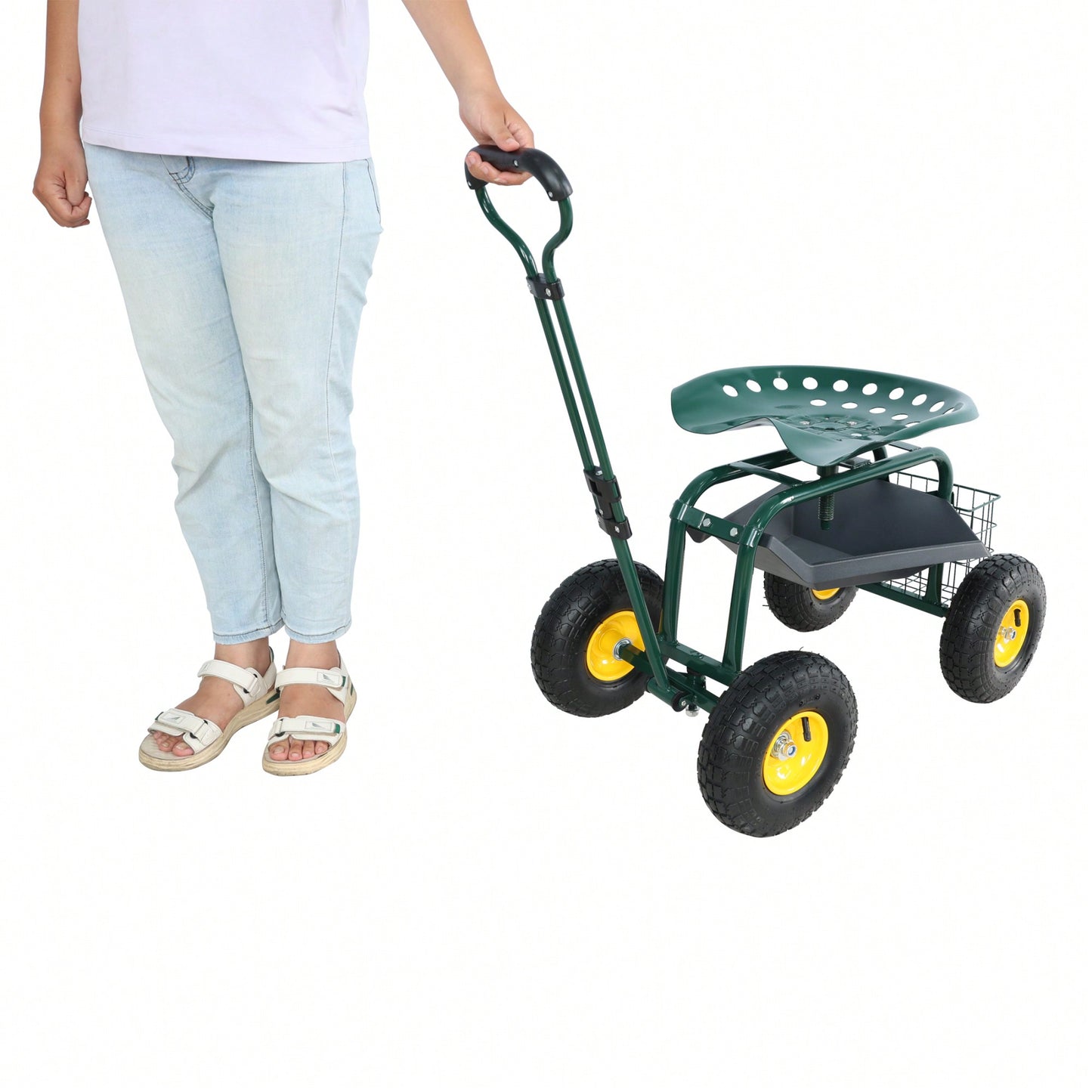 Garden Trolley Work Chair with 360° Swivel and Utility Tray for Easy Outdoor Mobility and Yard Work Green