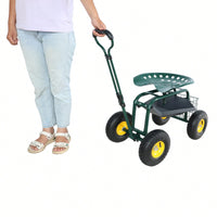 Garden Trolley Work Chair with 360° Swivel and Utility Tray for Easy Outdoor Mobility and Yard Work Green