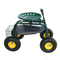 Garden Trolley Work Chair with 360° Swivel and Utility Tray for Easy Outdoor Mobility and Yard Work Green