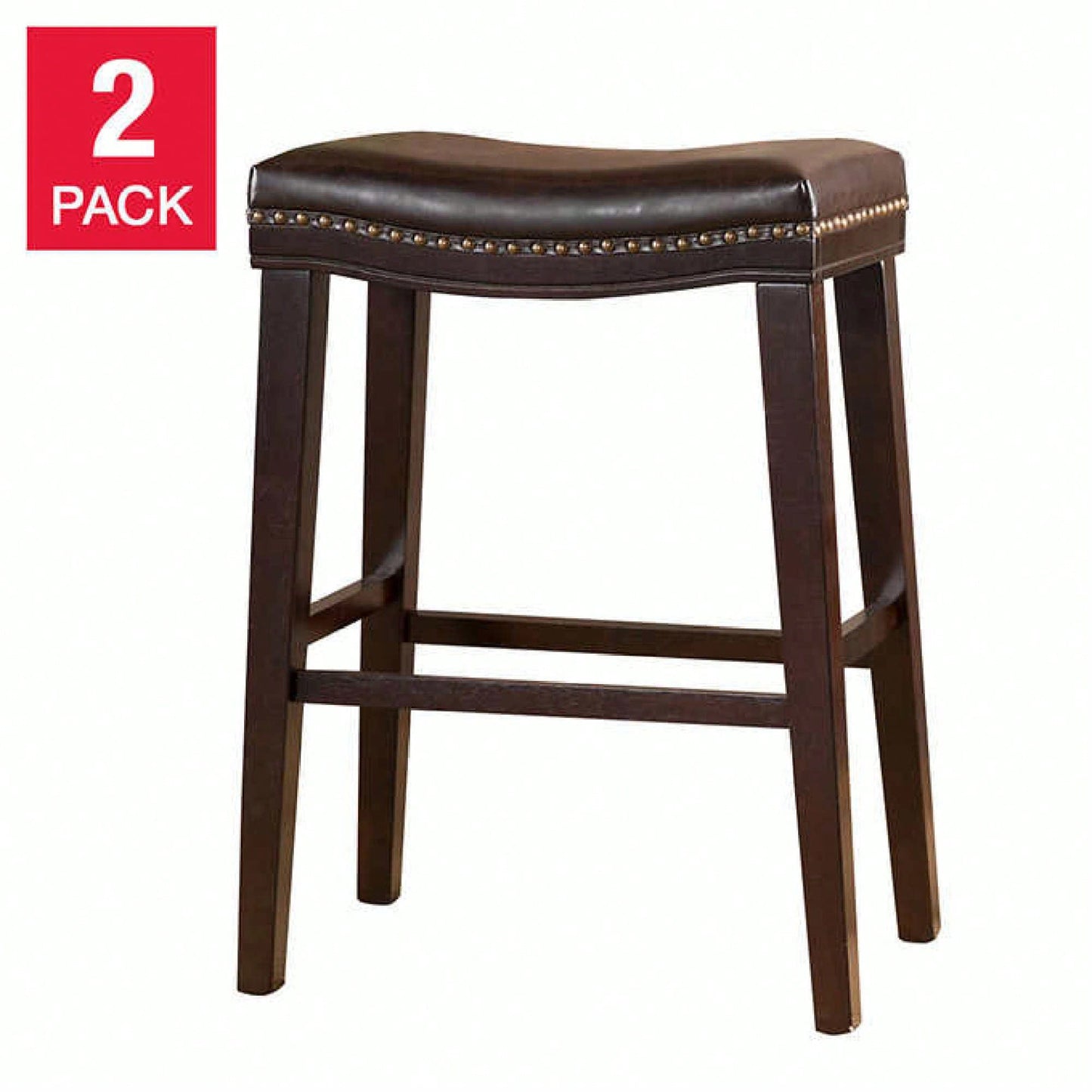 Set Of 2 Modern Upholstered Saddle Counter Stools With Nailhead Trim In Dark Brown - Perfect For Kitchen Or Bar Seating