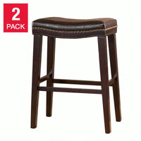 Set Of 2 Modern Upholstered Saddle Counter Stools With Nailhead Trim In Dark Brown - Perfect For Kitchen Or Bar Seating