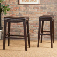 Set Of 2 Modern Upholstered Saddle Counter Stools With Nailhead Trim In Dark Brown - Perfect For Kitchen Or Bar Seating