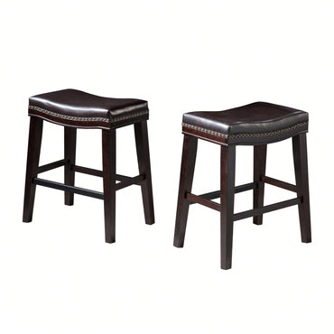 Set Of 2 Modern Upholstered Saddle Counter Stools With Nailhead Trim In Dark Brown - Perfect For Kitchen Or Bar Seating